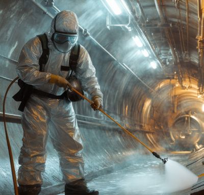 Technician cleaning a tank interior